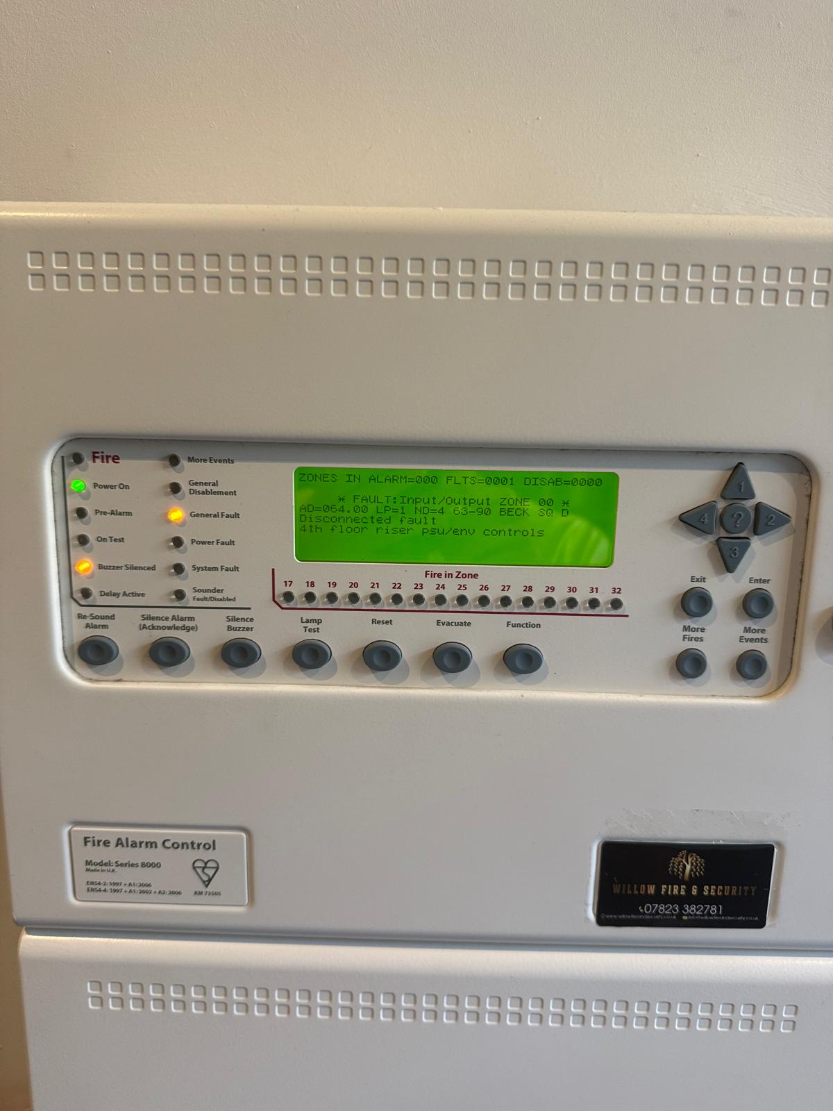 Fire alarm control panel showing an interface fault before mechanical AOV remedial work in East London