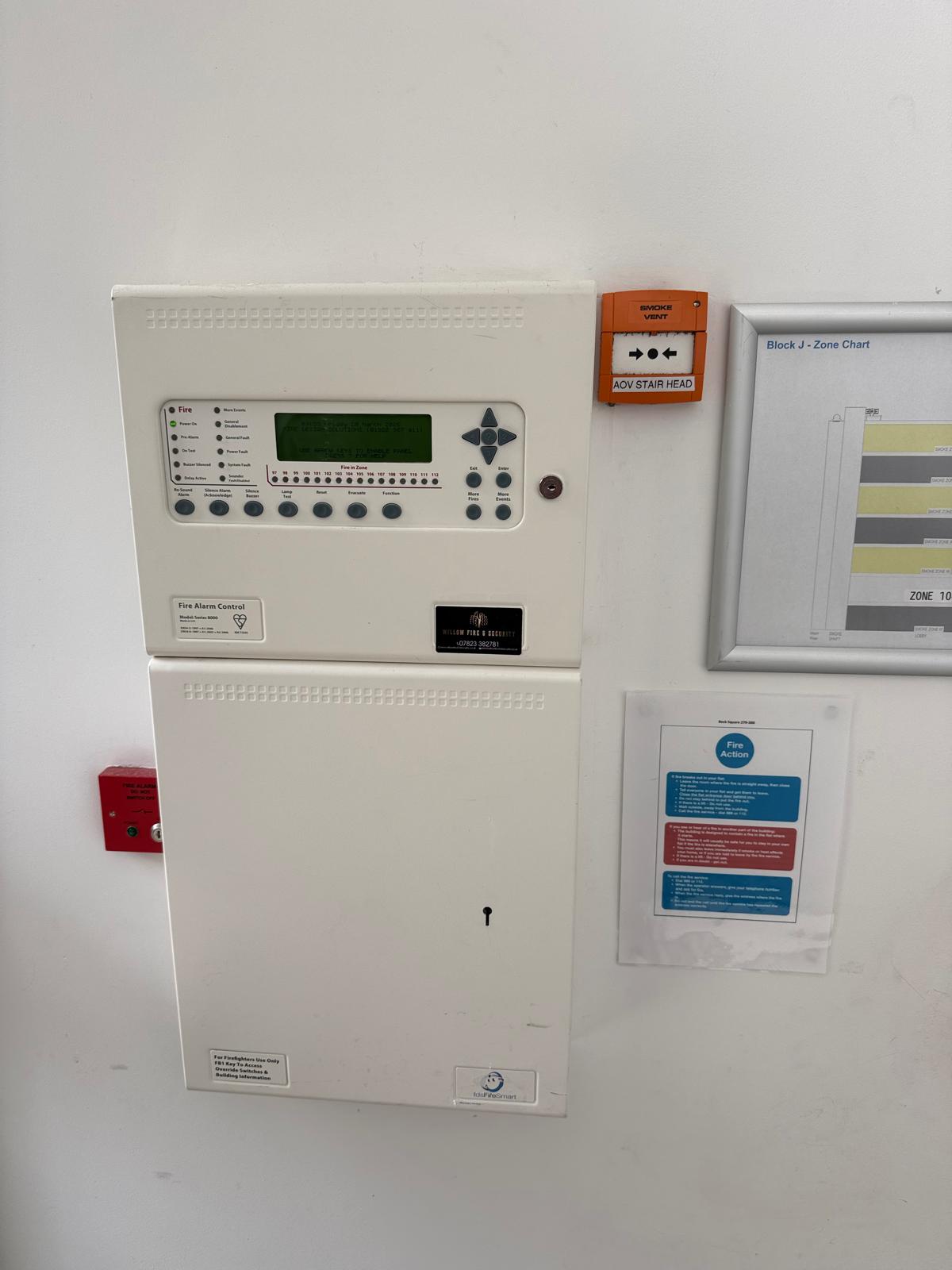 AOV control panel during mechanical AOV maintenance in Bethnal Green, East London
