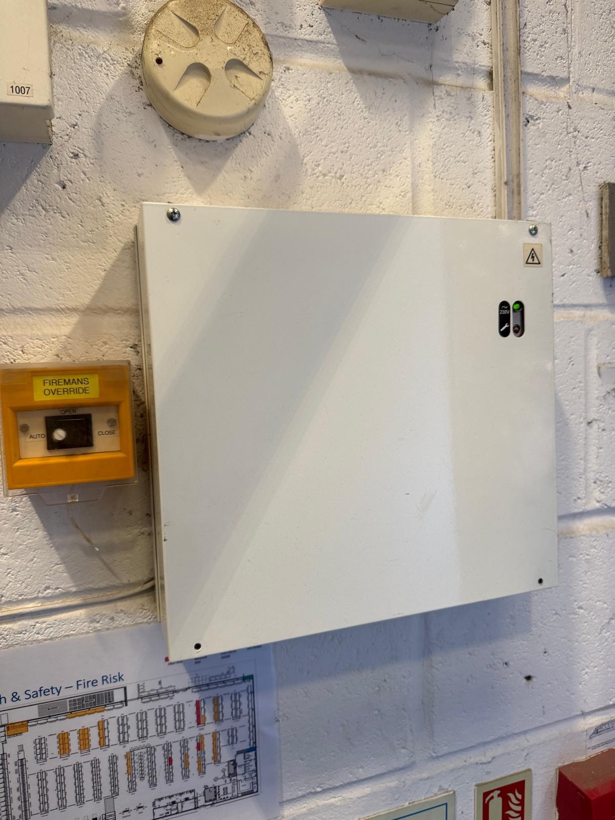 warehouse smoke control panel during warehouse roof AOV system maintenance in Charlton